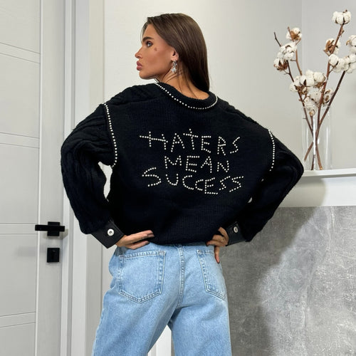 Damen Modischer Strickpullover mit Statement-Print Drune