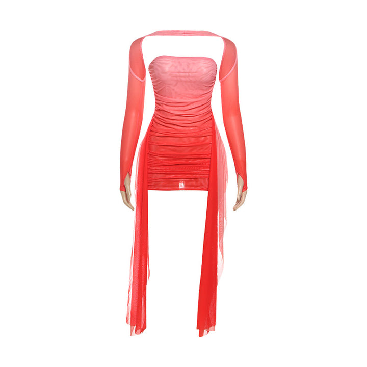 Damen Elegantes Langarmkleid mit raffiniertem Drapierungsdesign und transparenten Elementen Drune