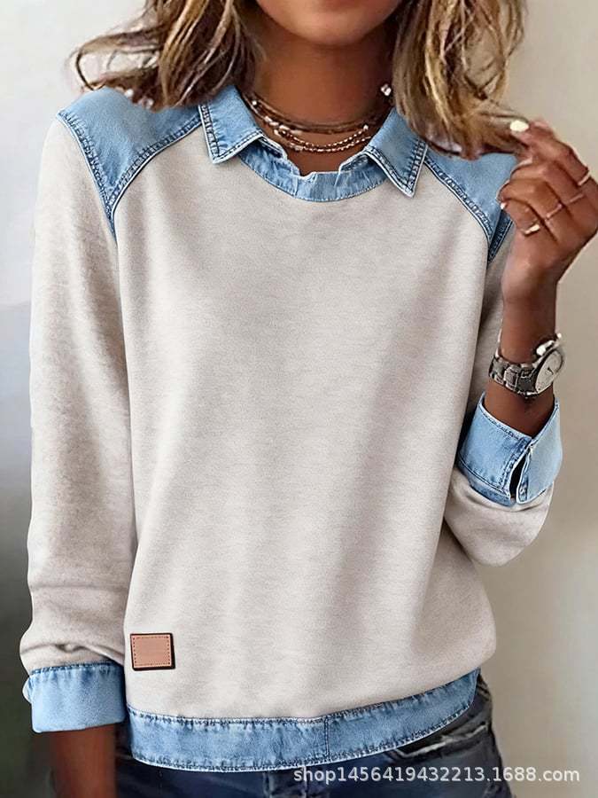 Damen nan gerippter Strickpullover mit Jeanskragen und Knopfleiste Drune