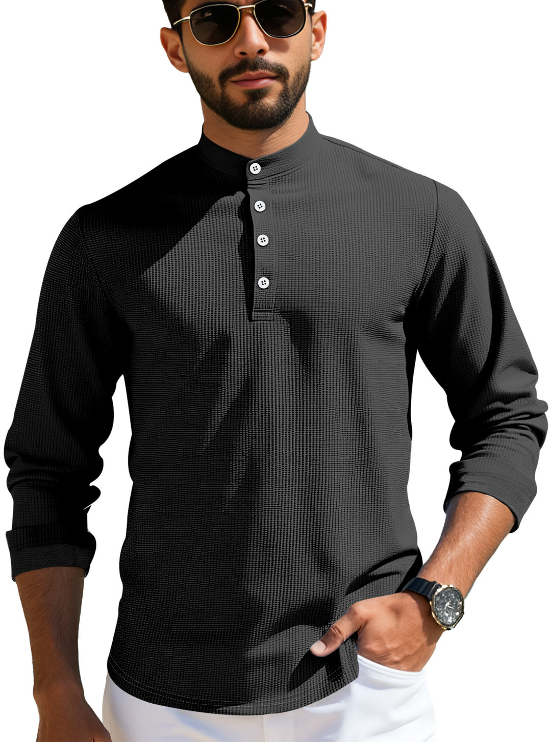 Herren nan strukturiertes Langarm-Henley mit Nehru-Kragen und Ton-in-Ton-Knopfleiste Drune