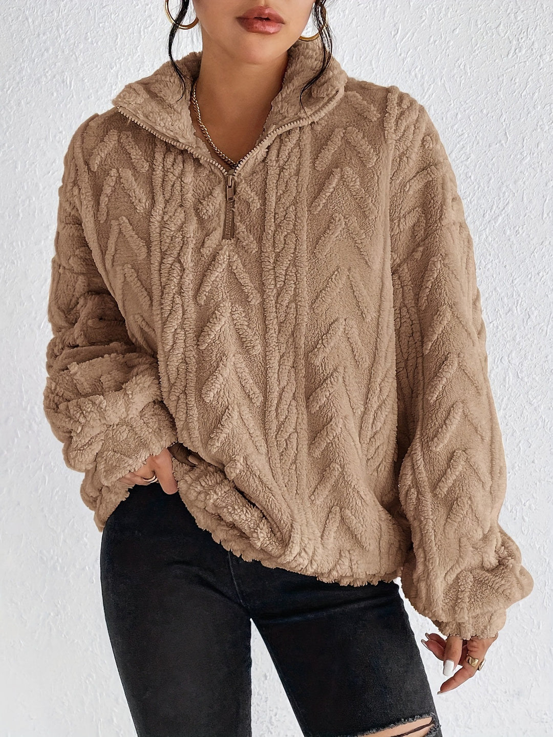 Damen Flauschiger Oversized-Pullover mit Zipper und Rippstruktur Drune