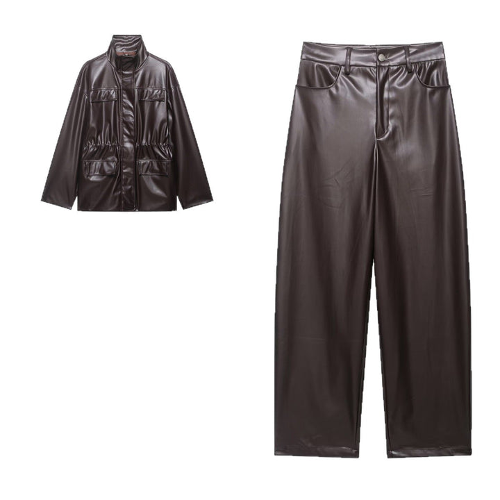 Damen Zweiteiliges PU-Leder-Ensemble mit Fieldjacke, Kordelzugtaillierung und High‑Waist Wide‑Leg Hose Drune