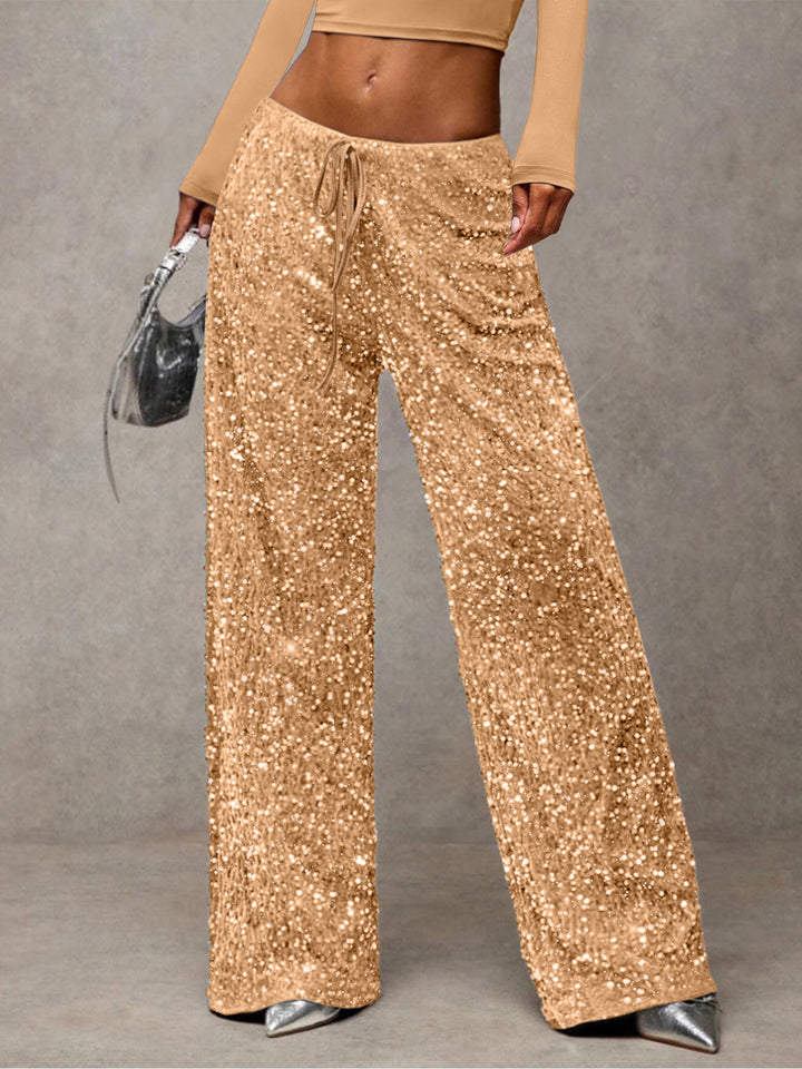 Damen Pailletten-Palazzohose mit hohem Bund und Kordelzug Drune