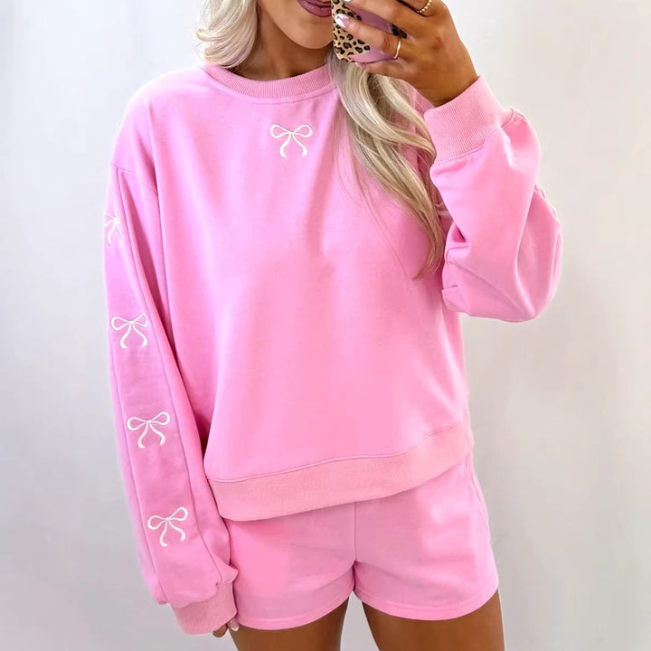 Damen Kuscheliges Sweat-Lounge-Set mit Shorts und bestickten Ballonärmeln Drune