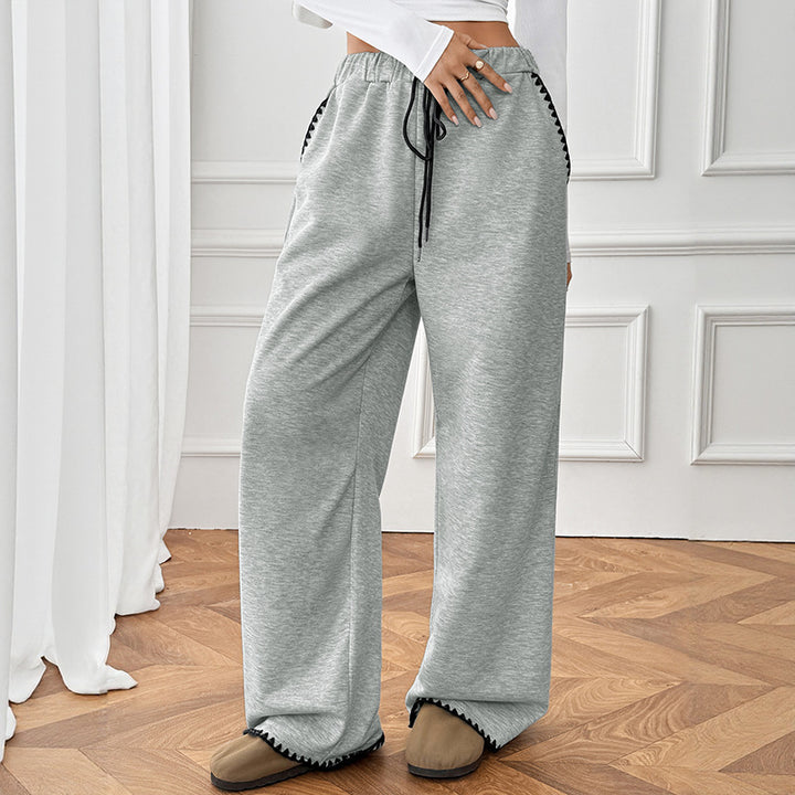 Damen Relaxte Lounge-Jogginghose mit weitem Bein, elastischem Bund, Kordelzug und Zierkante Drune