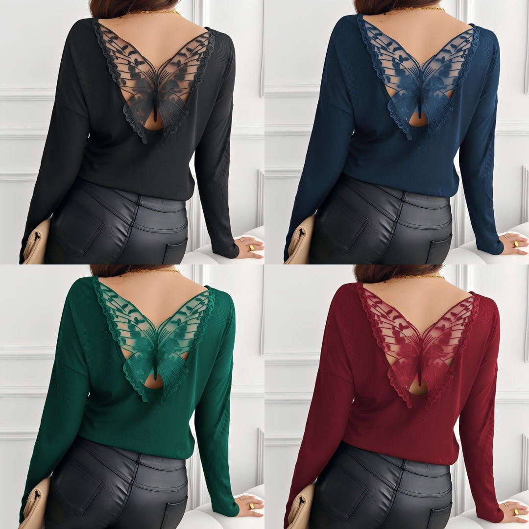 Damen nan geripptes Langarmshirt mit dekorativem Schmetterlings-Spitzenausschnitt Drune
