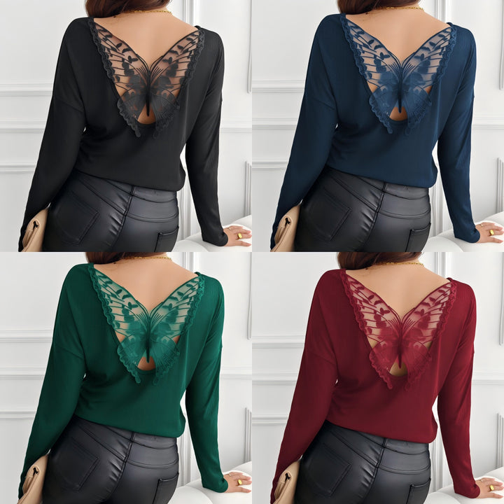 Damen nan geripptes Langarmshirt mit dekorativem Schmetterlings-Spitzenausschnitt Drune