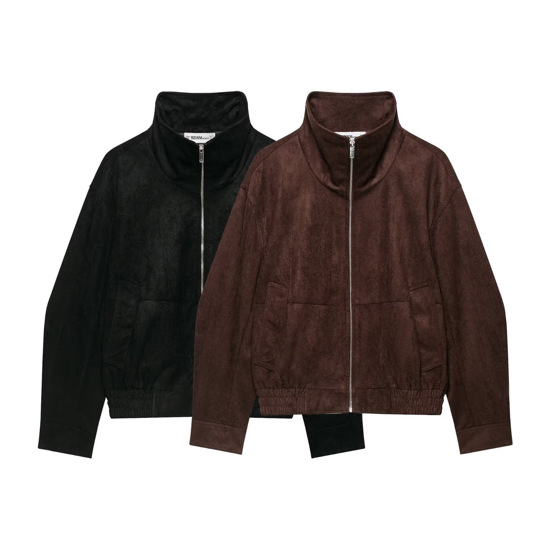 Damen Velourslederoptik Bomberjacke mit Funnelkragen und elastischem Saum Drune