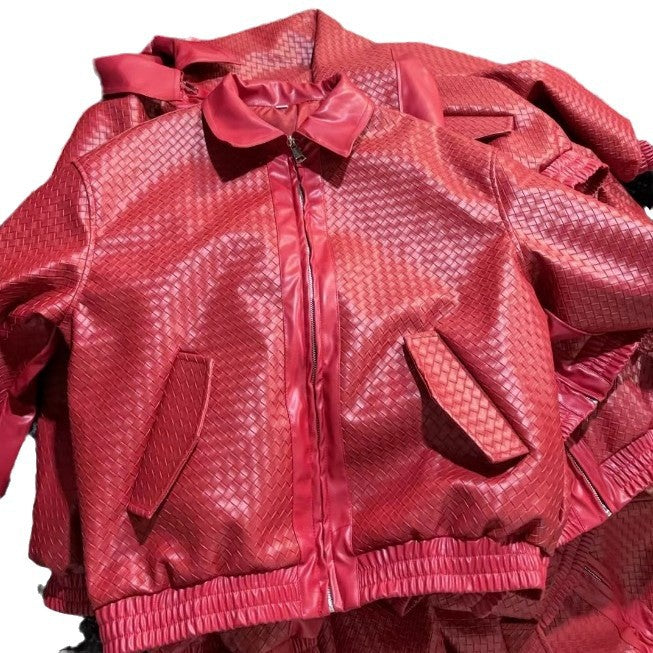 Damen modische Kunstleder-Bomberjacke mit strukturiertem Design und elastischem Bund Drune