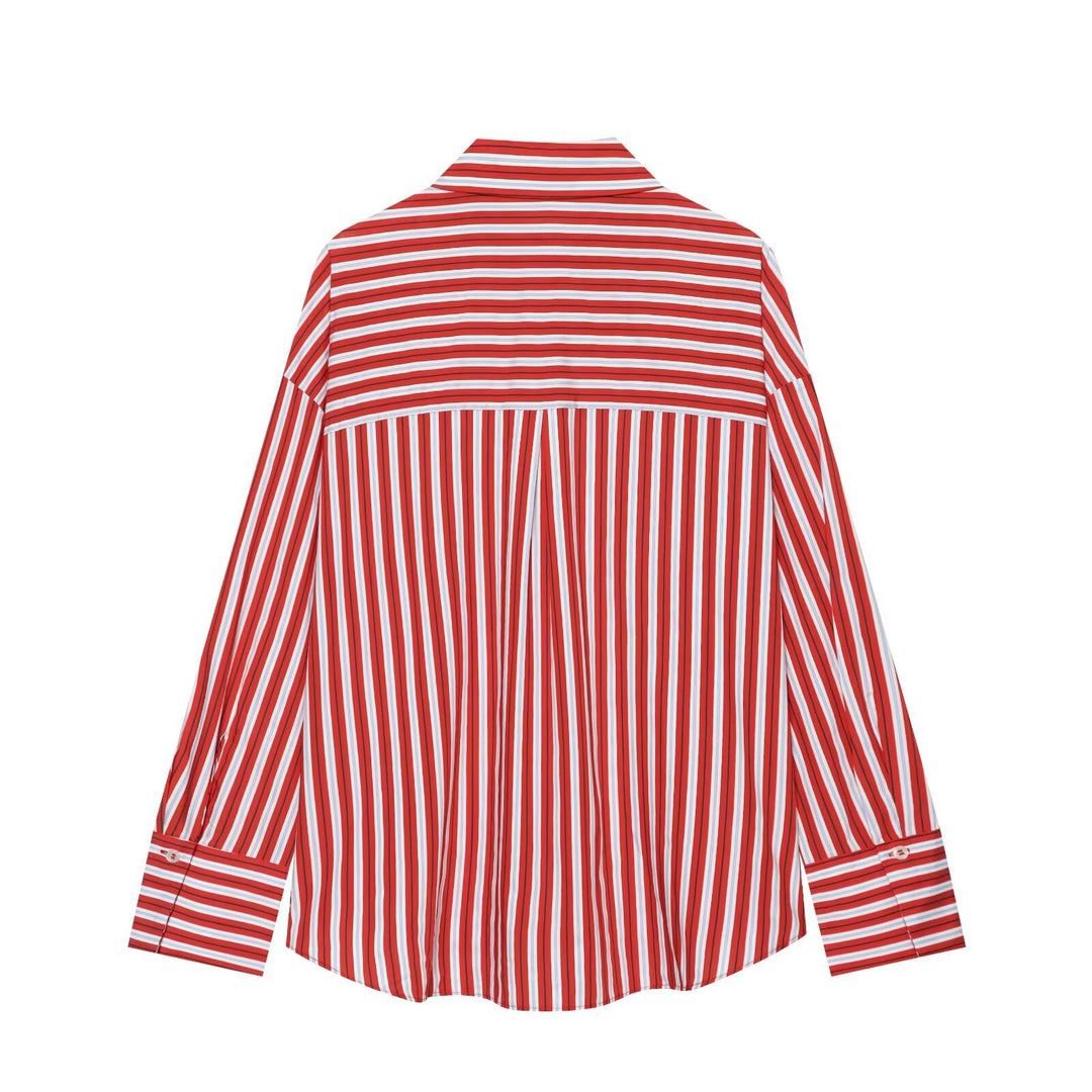 Damen Oversize-gestreifte Hemdbluse mit Kentkragen und durchgehender Knopfleiste Drune