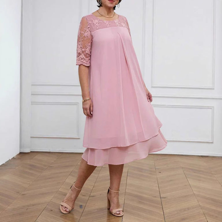 Damen nan A-Linien-Chiffonkleid mit floral bestickter Spitzenpasse, verdeckter Mittelnahtfalte und mehrlagigem Volant Drune