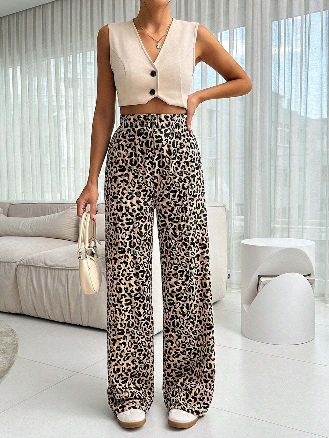 Damen Modische Leoprint Palazzohose Drune