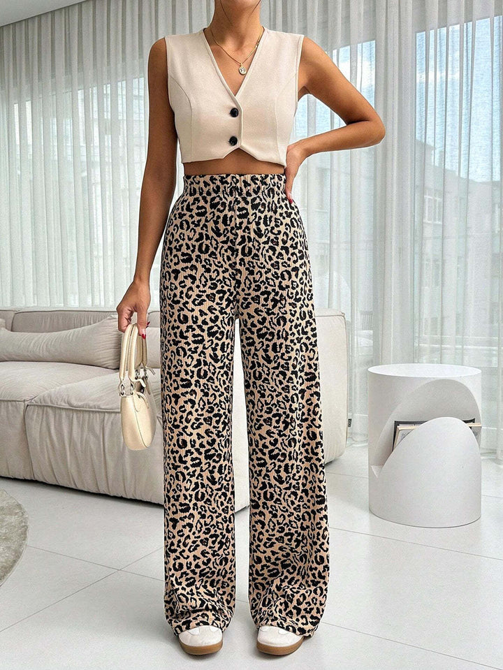 Damen Modische Leoprint Palazzohose Drune