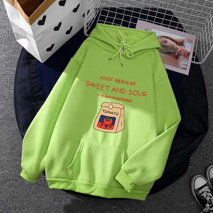 Damen nan Oversize-Kapuzenpullover mit verspieltem Tomatenprint, Kängurutasche und weichem Fleecefutter Drune