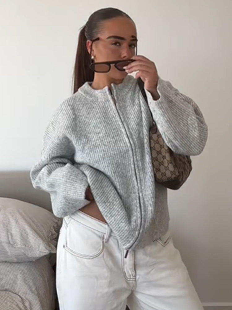 Damen kuschelige Strickjacke mit hohem Kragen und Reißverschluss Drune