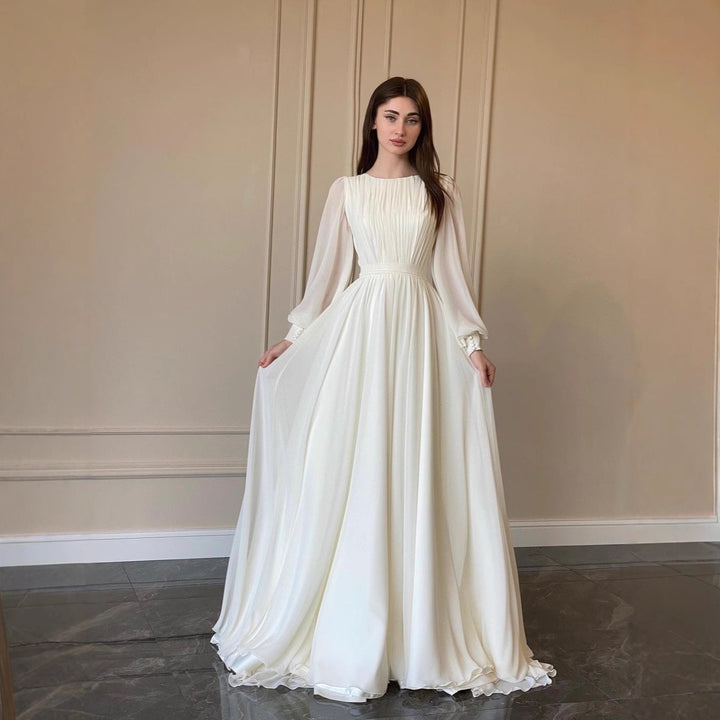 Damen Elegantes Langkleid mit schmalem Taillenband und Ballonärmeln Drune
