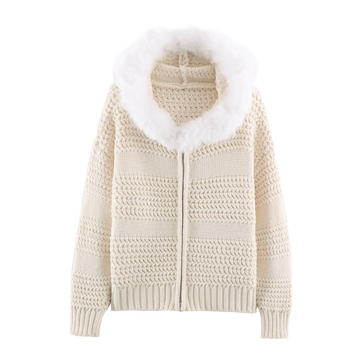 Damen Grobstrick-Cardigan mit Reißverschluss und Kunstfellkapuze Drune
