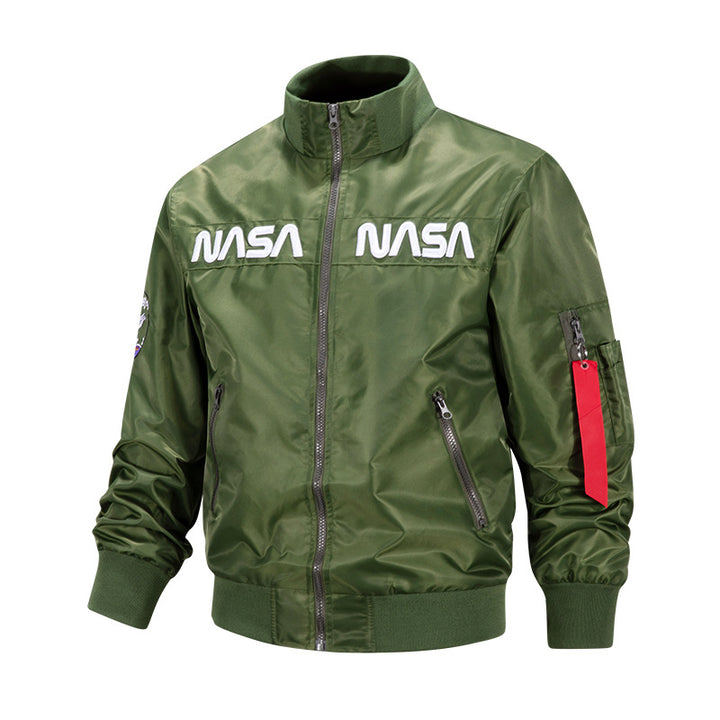 Men's  metallic pilot-style zip-up bomber jacket with embroidered chest panels and angled zip hand pockets Drune