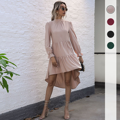 Damen Asymmetrisches Stufenkleid mit Stehkragen und geraffter Taille Drune