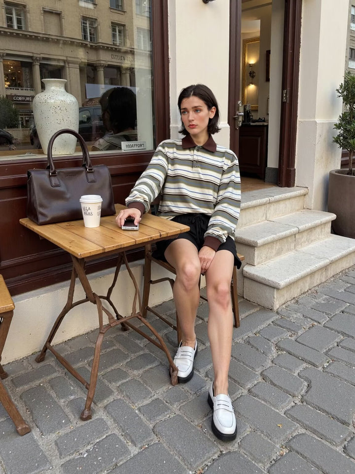 Damen Gestreiftes Poloshirt‑Sweatshirt aus Baumwollmix mit Kontrastkragen und gerippten Bündchen Drune
