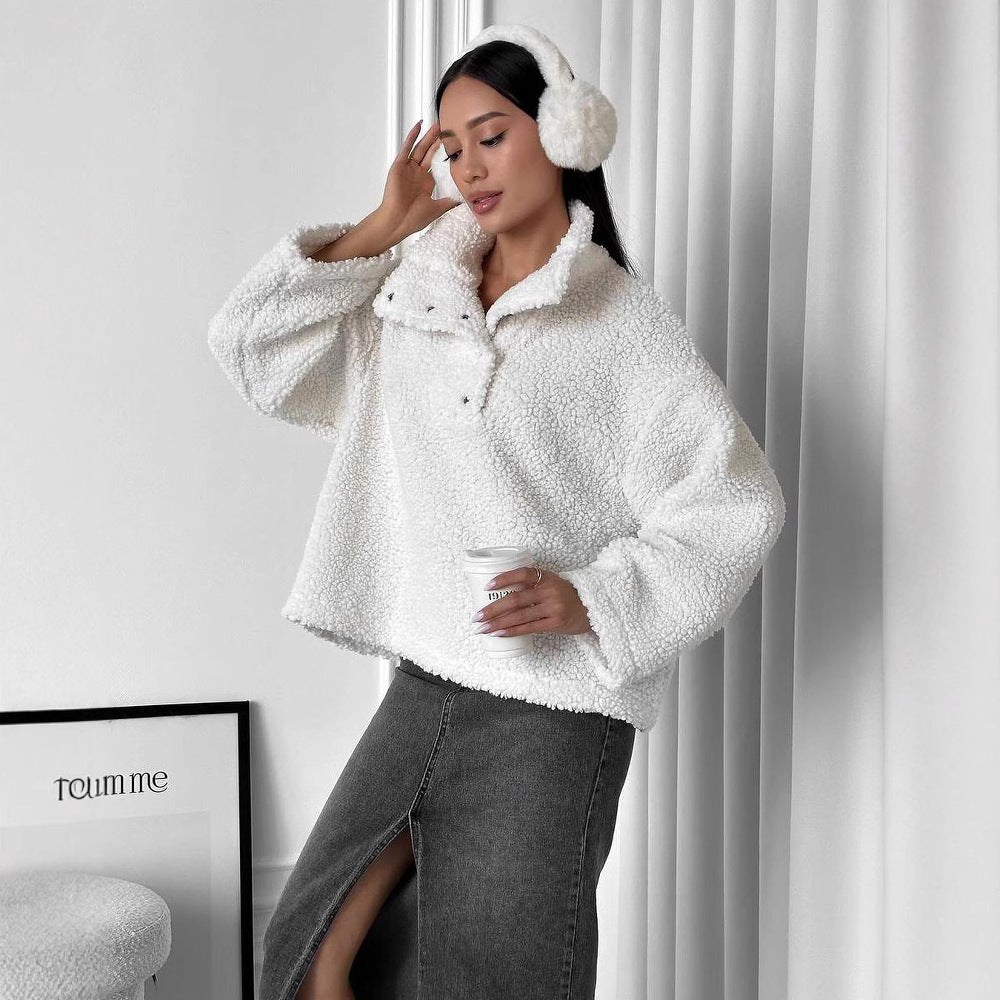 Damen Oversized Teddy-Pullover mit halber Druckknopfleiste und Stehkragen Drune