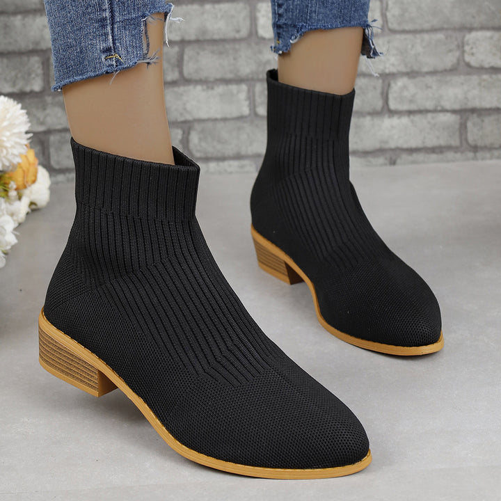 Damen nan gestrickte Sock-Ankleboots mit elastischem Schaft und niedrigem Holzblockabsatz Drune
