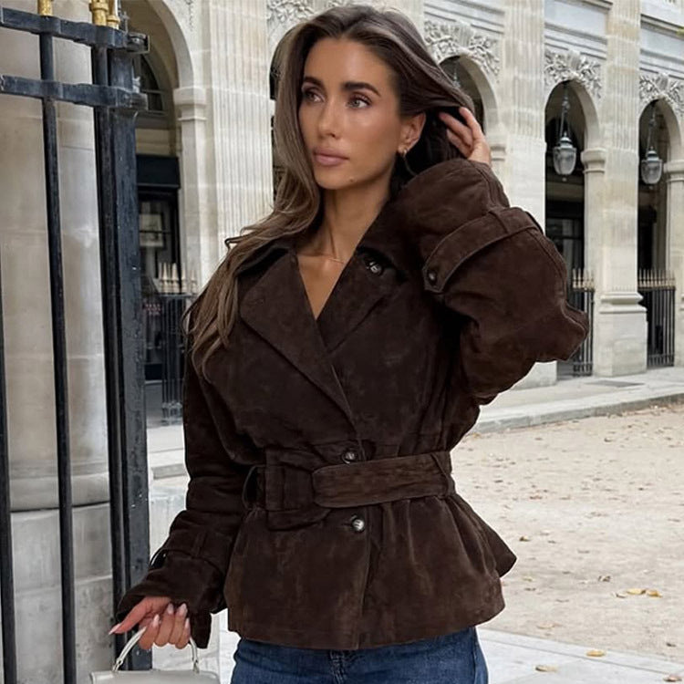 Damen modische Wildlederjacke mit Taillengürtel und voluminösen Ärmeln Drune