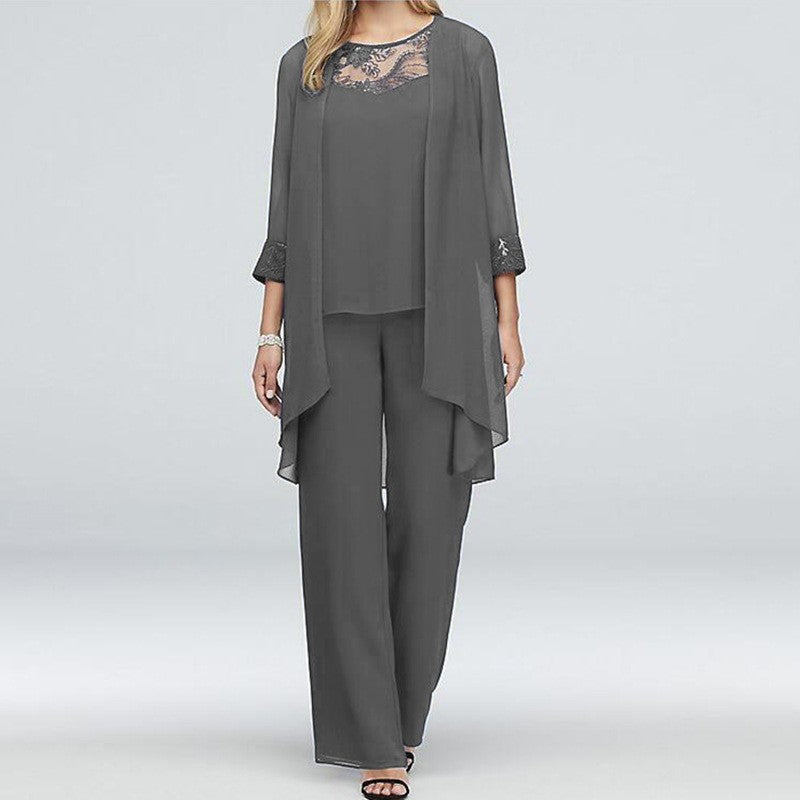 Damen nan fließendes Chiffon-Abendensemble mit Spitzenbesatz, Kimono-Cardigan und weiter Palazzohose Drune