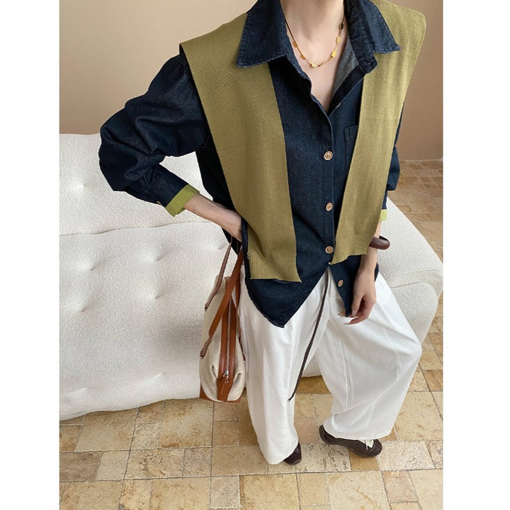Damen klassische Bluse mit modischem Pullover-Einsatz Drune