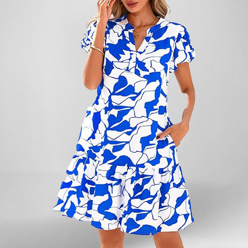 Damen Fließendes Kurzarm Kleid mit raffiniertem Rüschensaum Drune