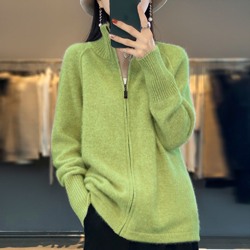 Damen Zip-Cardigan im Kaschmir‑Look mit Stehkragen und gerippten Bündchen Drune