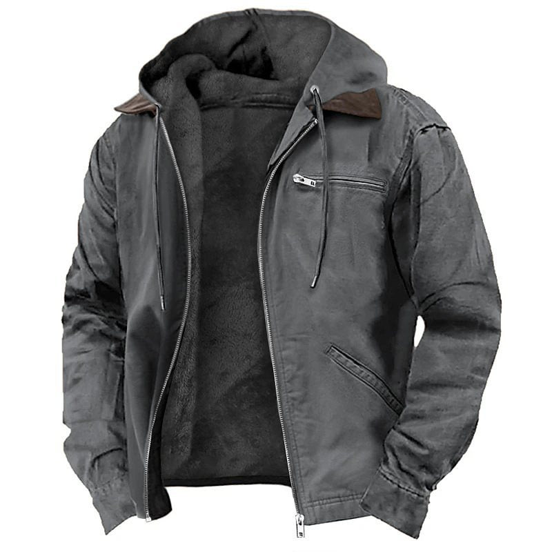 Herren Gefütterte Kapuzenjacke mit Teddyfutter, winddichtem Canvas und Reißverschlusstaschen Drune