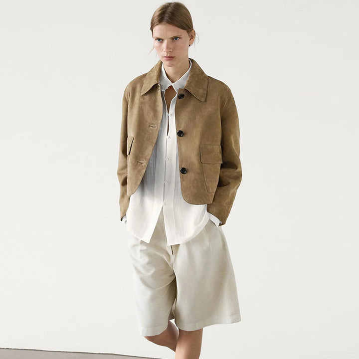 Damen modische Kurzjacke mit praktischen Brusttaschen und aufgesetzten Knöpfen Drune