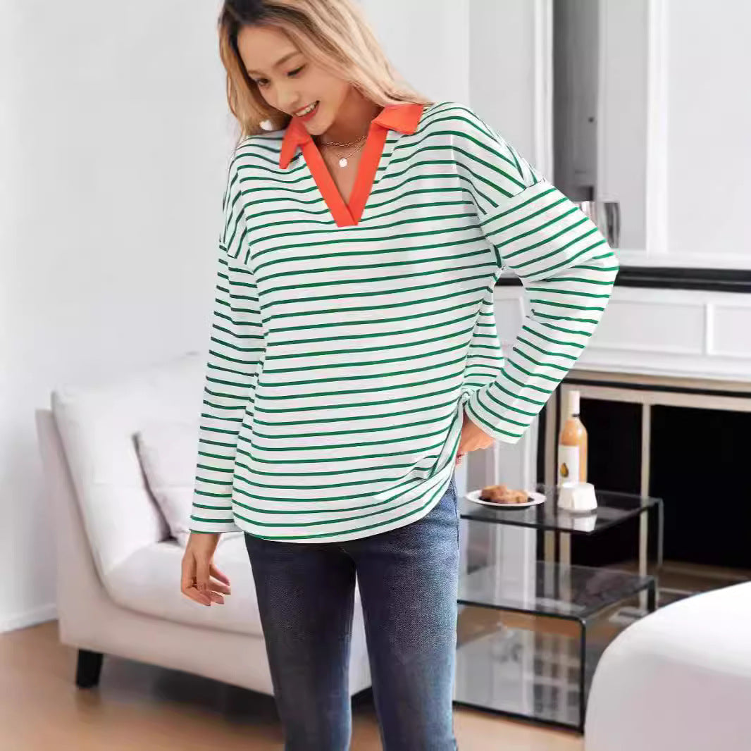 Damen gestreiftes Polo-Shirt mit V-Ausschnitt und kontrastierendem Kragen Drune