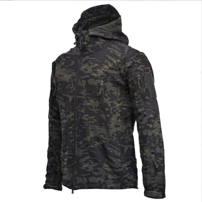 Herren taktische Softshelljacke mit Kapuze, Tarnmuster und ergonomischem Stretchschnitt Drune