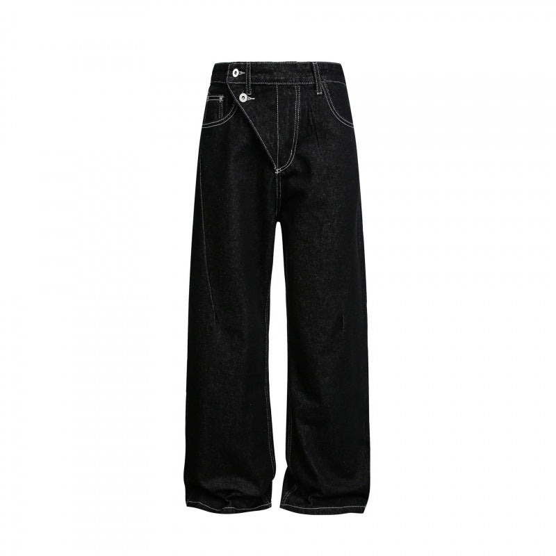 Damen Weite High‑Waist Denim-Jeans mit asymmetrischer Knopfleiste und Kontrastnähten Drune