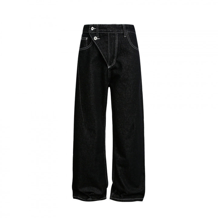 Damen Weite High‑Waist Denim-Jeans mit asymmetrischer Knopfleiste und Kontrastnähten Drune