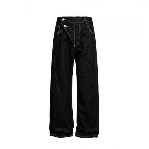 Damen Weite High‑Waist Denim-Jeans mit asymmetrischer Knopfleiste und Kontrastnähten Drune