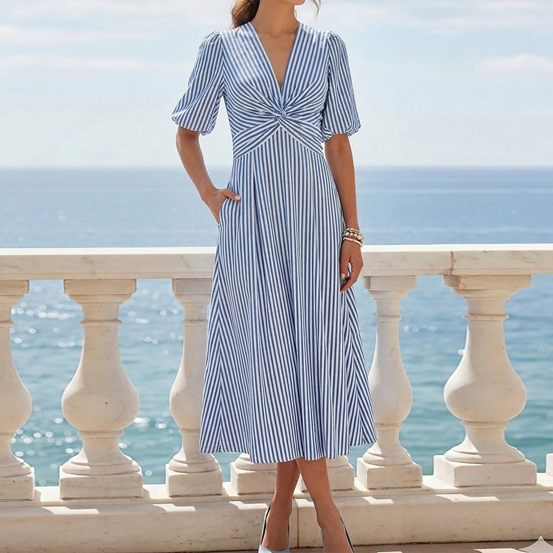 Damen Midikleid mit wundervollem Wickel-Design und eleganten Streifen Drune