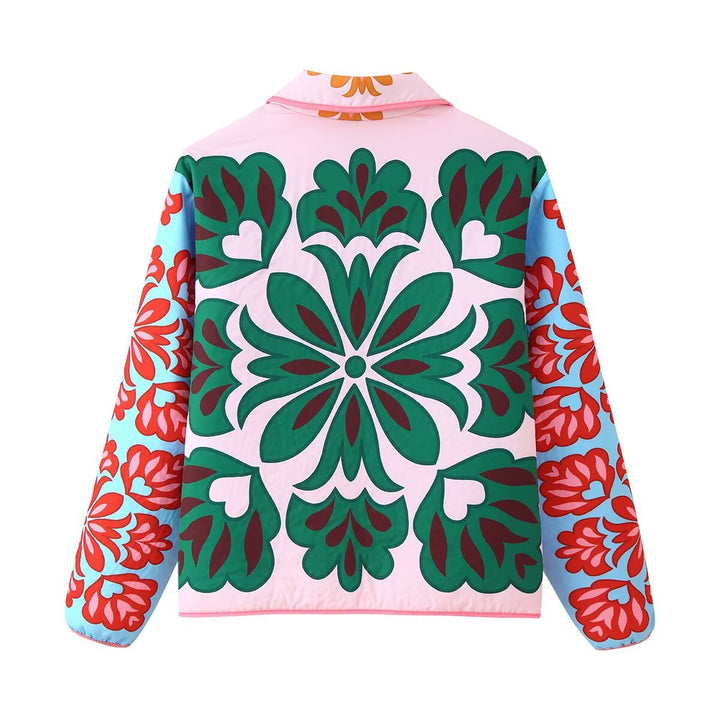 Damen 10+ gequiltete Steppjacke mit folklorischem Blumenprint und aufgesetzten Taschen Drune
