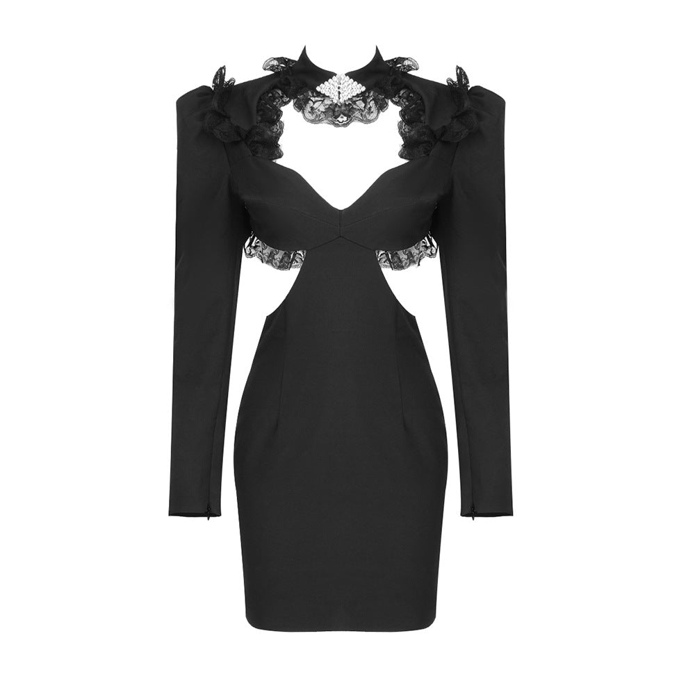 Damen elegantes Cut-Out Kleid mit Spitzenapplikationen und langen Ärmeln Drune