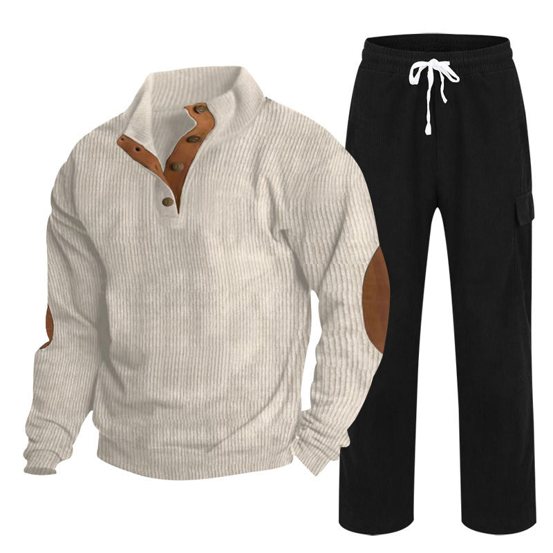 Herren nan strukturiertes Feinstrick-Halbknopf-Pullover und Feincord-Cargo-Zweiteiler Drune