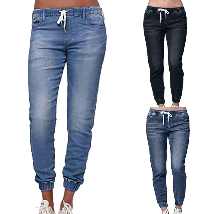 Damen nan schmal geschnittene Denim-Jogginghose mit Elastikbund, Tunnelzug und elastischen Beinbündchen Drune
