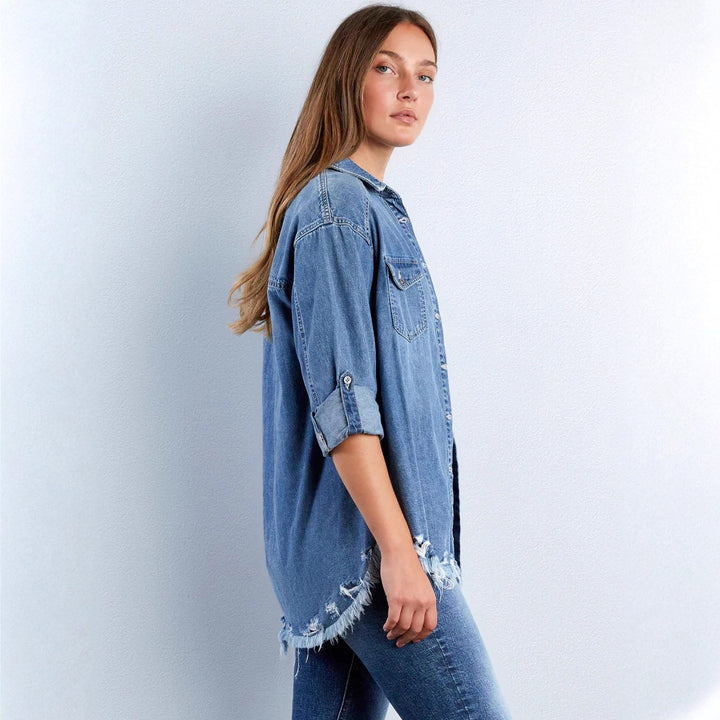 Damen nan lässige Denim-Hemdjacke Oversize mit aufgesetzten Brusttaschen, Herz-Stickdetail und ausgefranstem Saum Drune