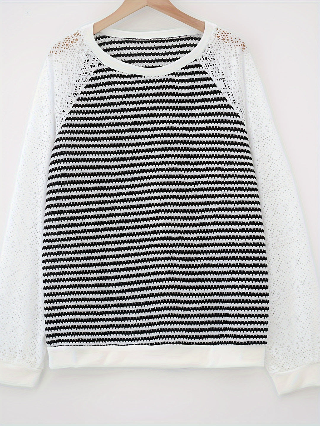 Damen nan Pullover mit Waffelstruktur, Raglanform und transparenter Spitzenärmel Drune