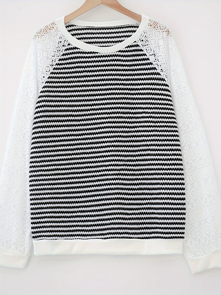 Damen nan Pullover mit Waffelstruktur, Raglanform und transparenter Spitzenärmel Drune