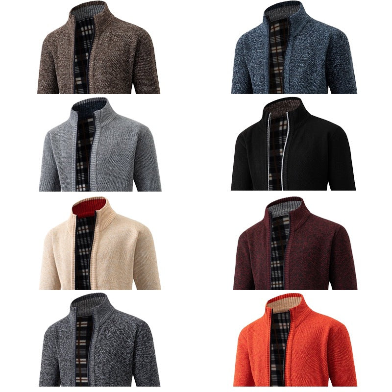 Herren Strukturiertes Zip-Strickjacke mit Karo‑Fleece‑Futter und Stehkragen Drune