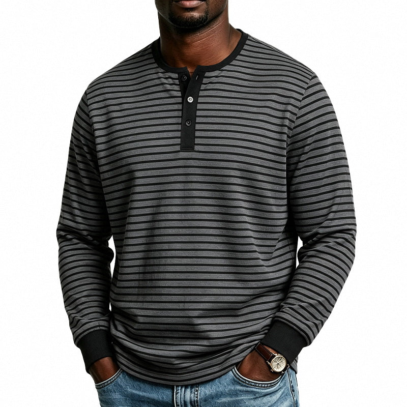 Herren Gestreiftes Langarm-Henleyshirt aus Baumwollmischung mit Knopfleiste Drune