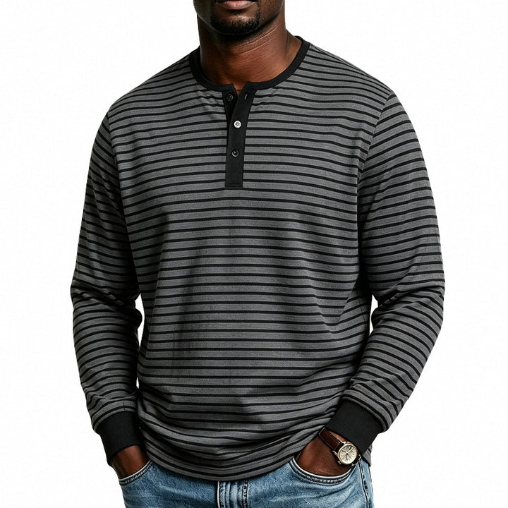 Herren Gestreiftes Langarm-Henleyshirt aus Baumwollmischung mit Knopfleiste Drune