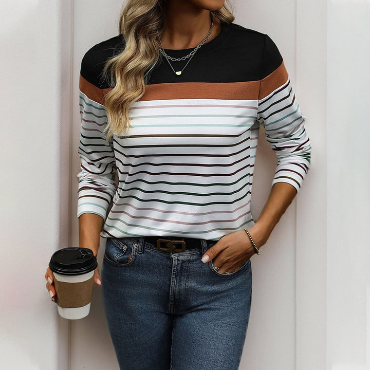Damen Langärmliges gestreiftes Shirt mit Colorblock‑Schulter und Rundhalsausschnitt Drune